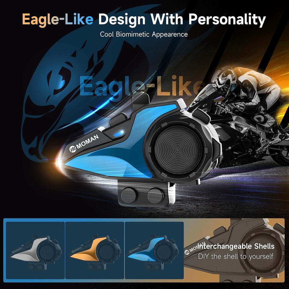 Moman H2E Motorcycle Helmet Wireless Headset Intercom Audio Multitasking 2Pack