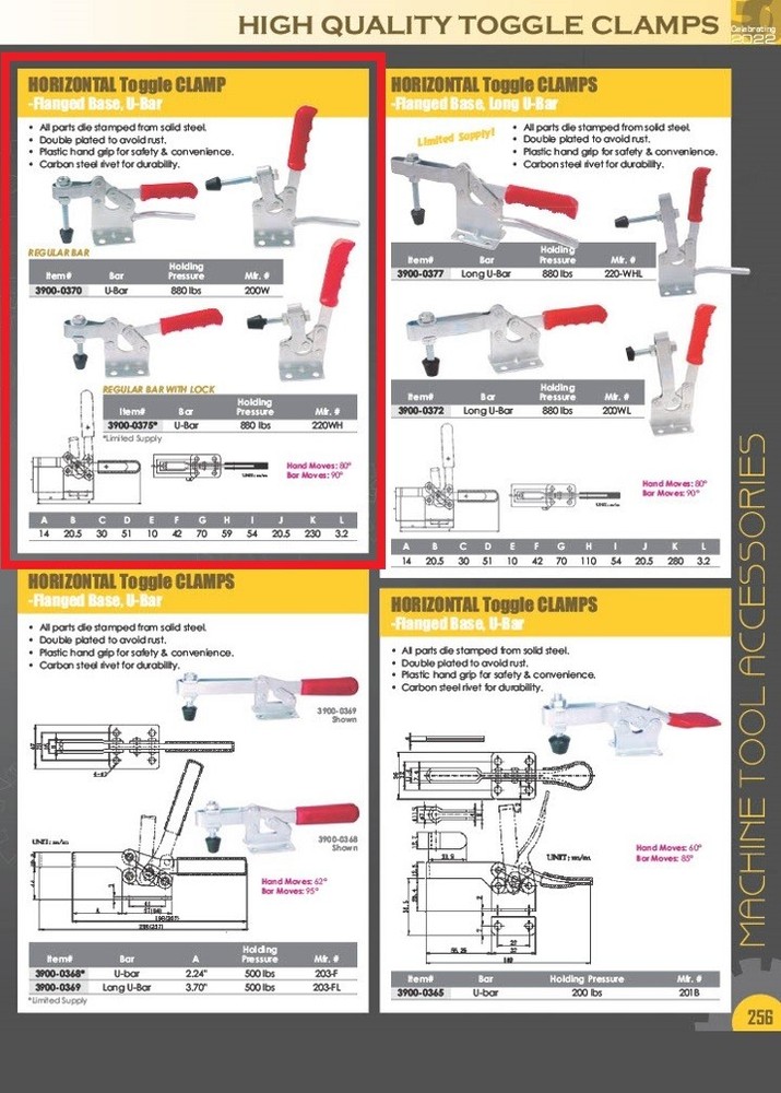 HORIZONTAL SOLID U-BAR FLANGED BASE TOGGLE CLAMP- 880 LBS CAPACITY (3900-0375)