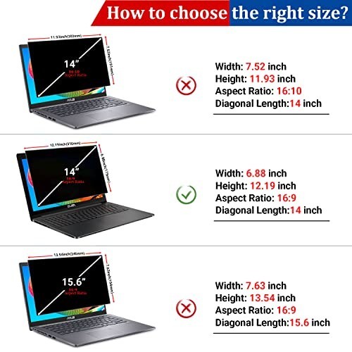 14" Laptop Privacy Screen Protector - Anti-Glare, Blue Light Filter, Scratch-Res