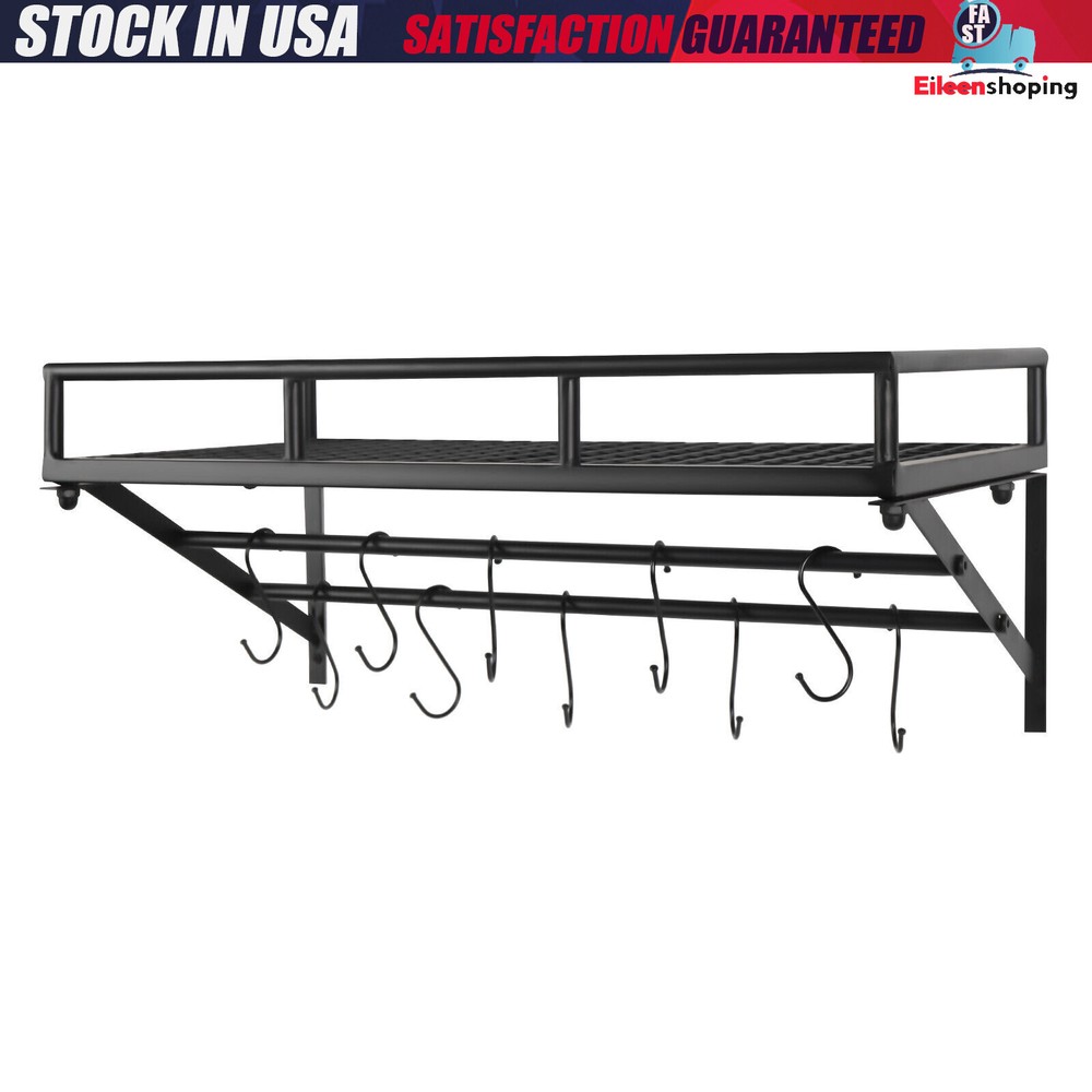 Kitchen Wall Mounted Storage Shelf Cookware Pan Pot Organizer Rack with 10 Hooks