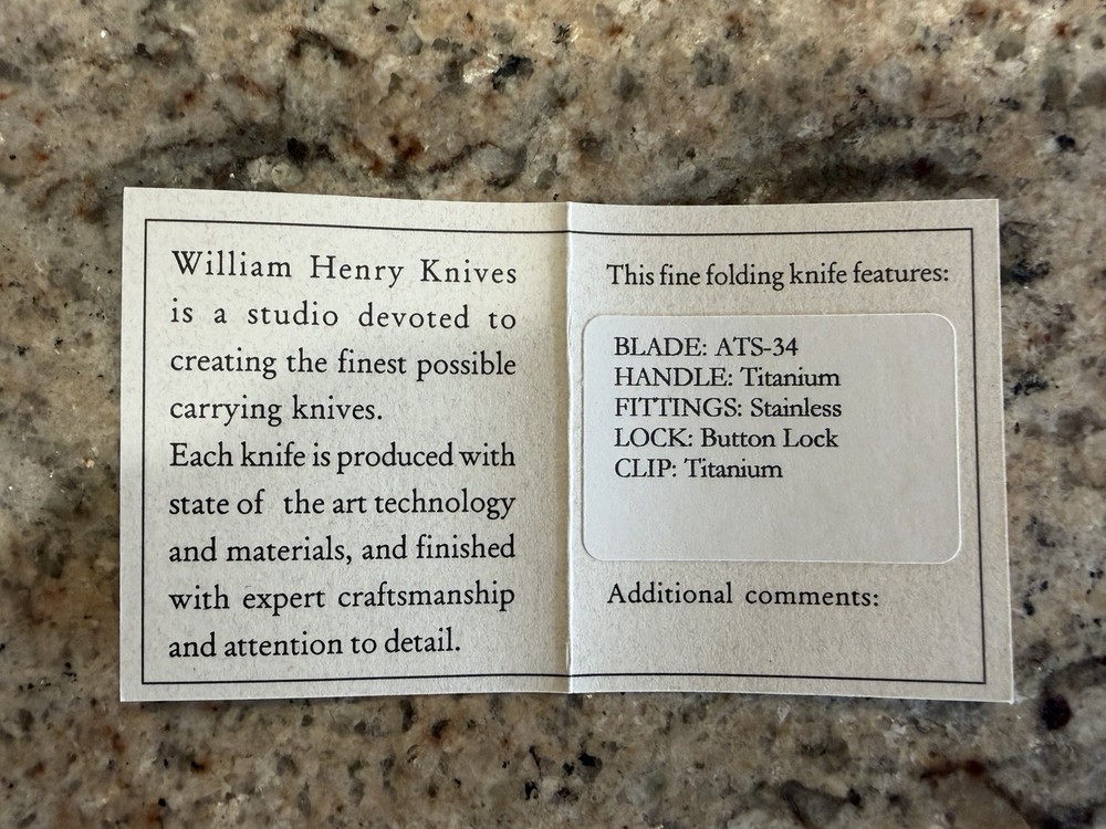 William Henry knife Westcliff Folder B7-FT