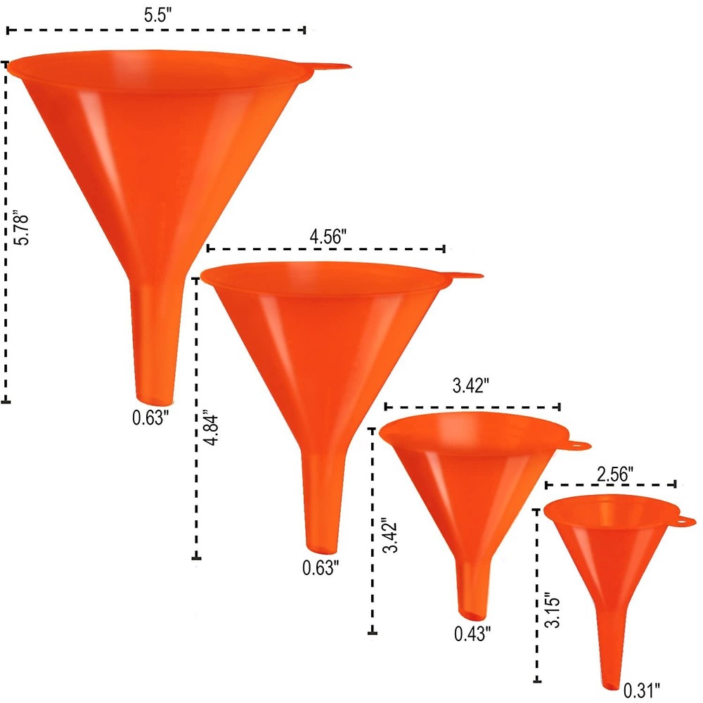 Versatile Orange Funnel Set - 4-Pack for Kitchen, Automotive, & Fluid Transfer