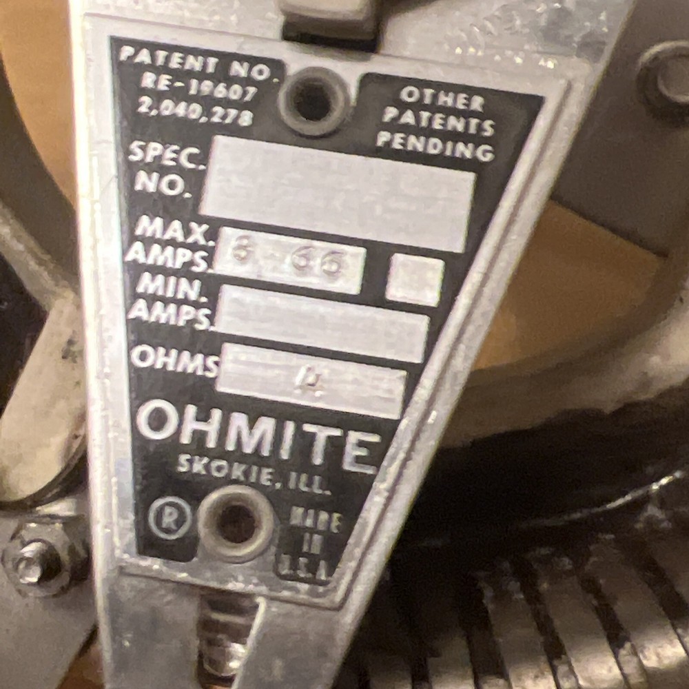 OHMITE Model-N  4 Ohm   8.66A Max Potentiometer Rheostat Spec