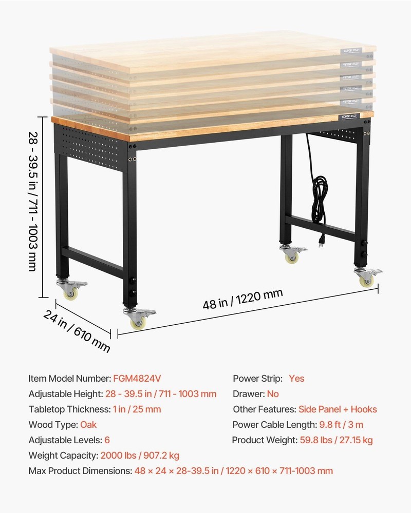48" Adjustable Wood Top Workbench Heavy Duty Garage Work Table with Outlet