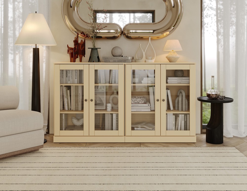 100% Solid Wood 64" Modular Sideboard, 2 Clear Glass Doors
