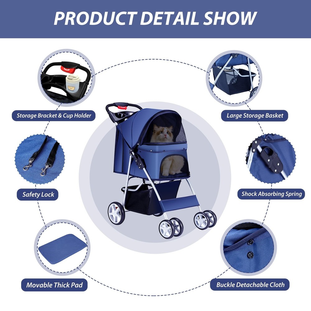 4 Wheels Pet Stroller for Small Medium Dogs Cats 33 lbs, Breathable Foldable ...