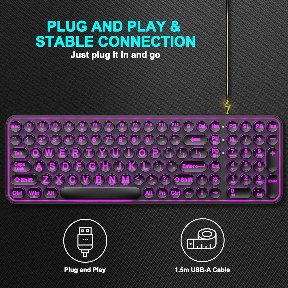 Large Print Backlit Keyboard, Wired USB Lighted Computer Keyboards with 7-Color