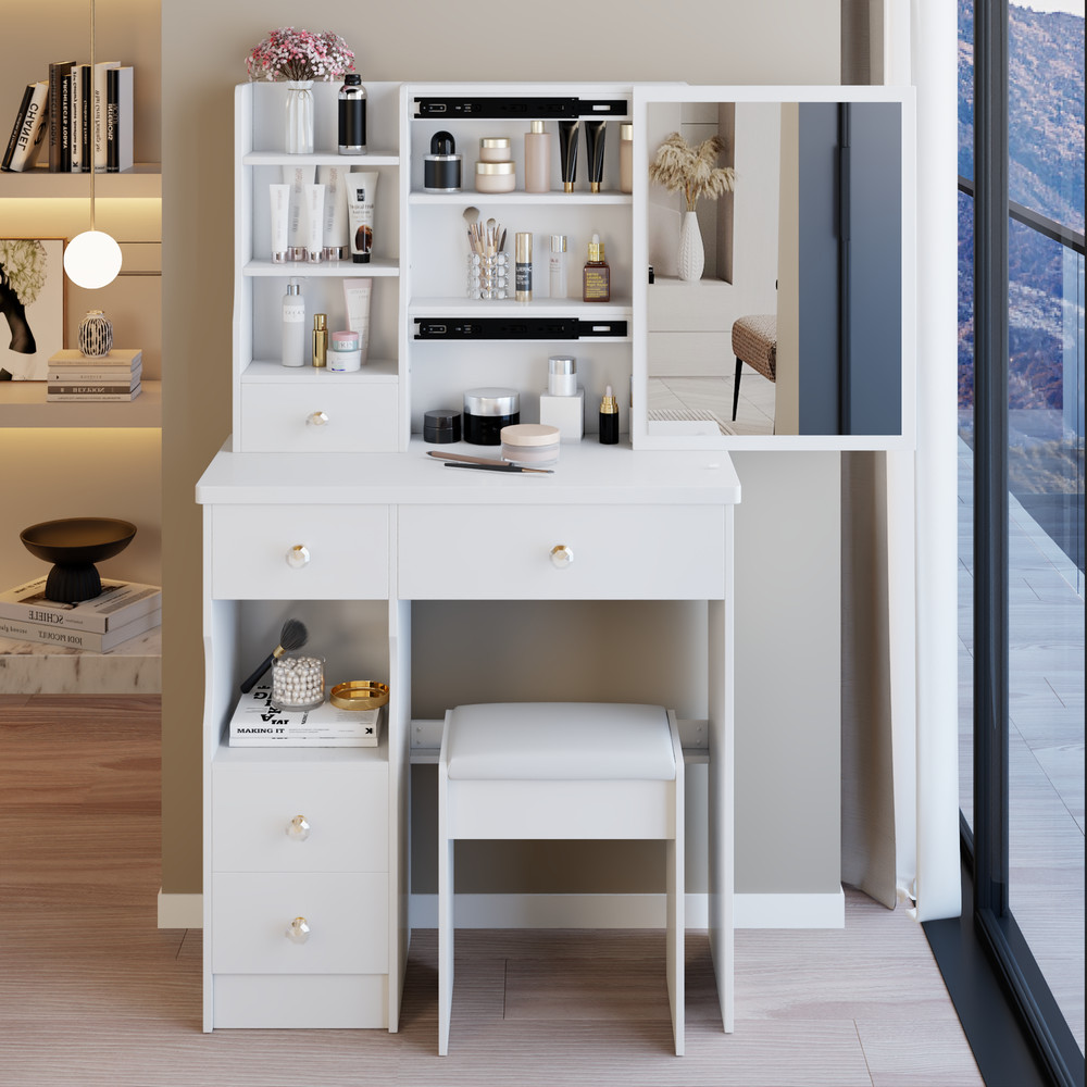 29.2" Small Space Left Drawer Desktop Vanity Table + Cushioned Stool, Extra La