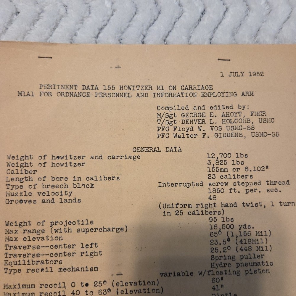 WW2 Navy Ship Document 155mm Howitzer Pertinent Data Sheet USMC