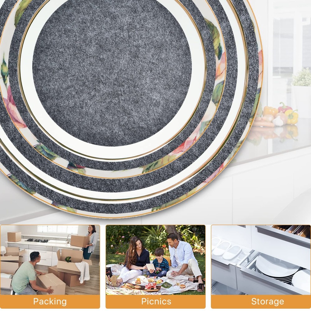 100 Pack Felt Plate Storage Dividers 3 Sizes Thick Round Dish Protectors Grey