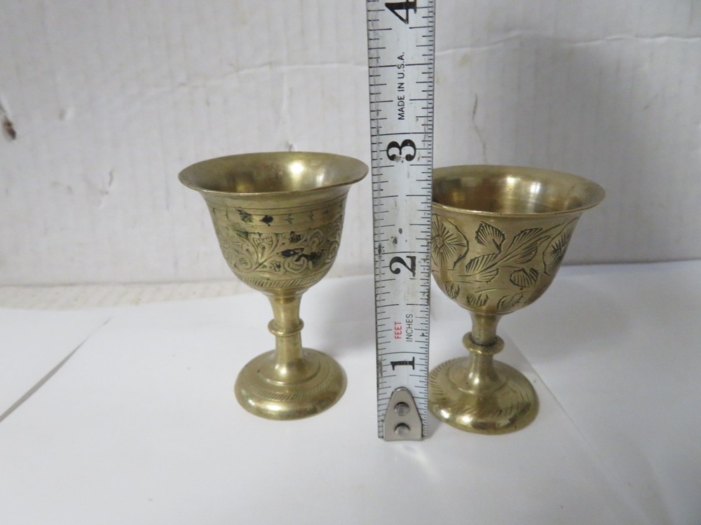 Vintage Brass Etched Mini Goblets Set Of 2