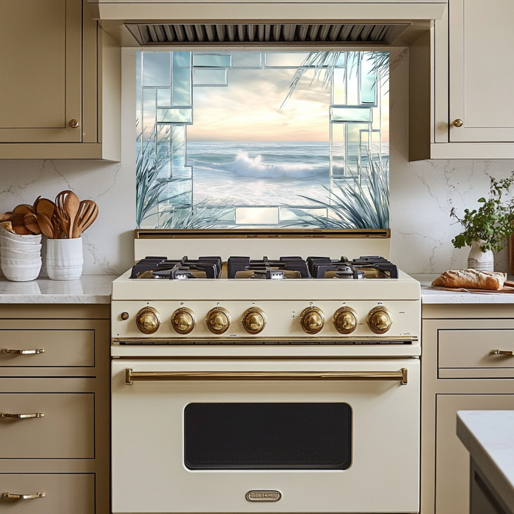 Ocean Landscape Scene Printed Tempered Glass Kitchen Backsplash Splashback Decor