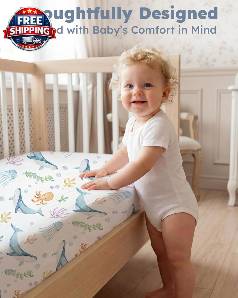 Soft Microfiber Baby Crib Sheets 2-Pack, Blue Ocean, Fitted 52" x 28