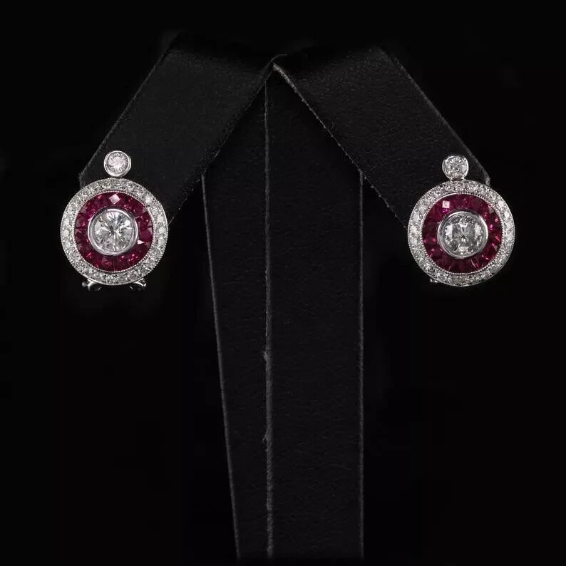 Art Deco Style Round Lab Created Diamond & Ruby Stud Earring 14k White Gold FN