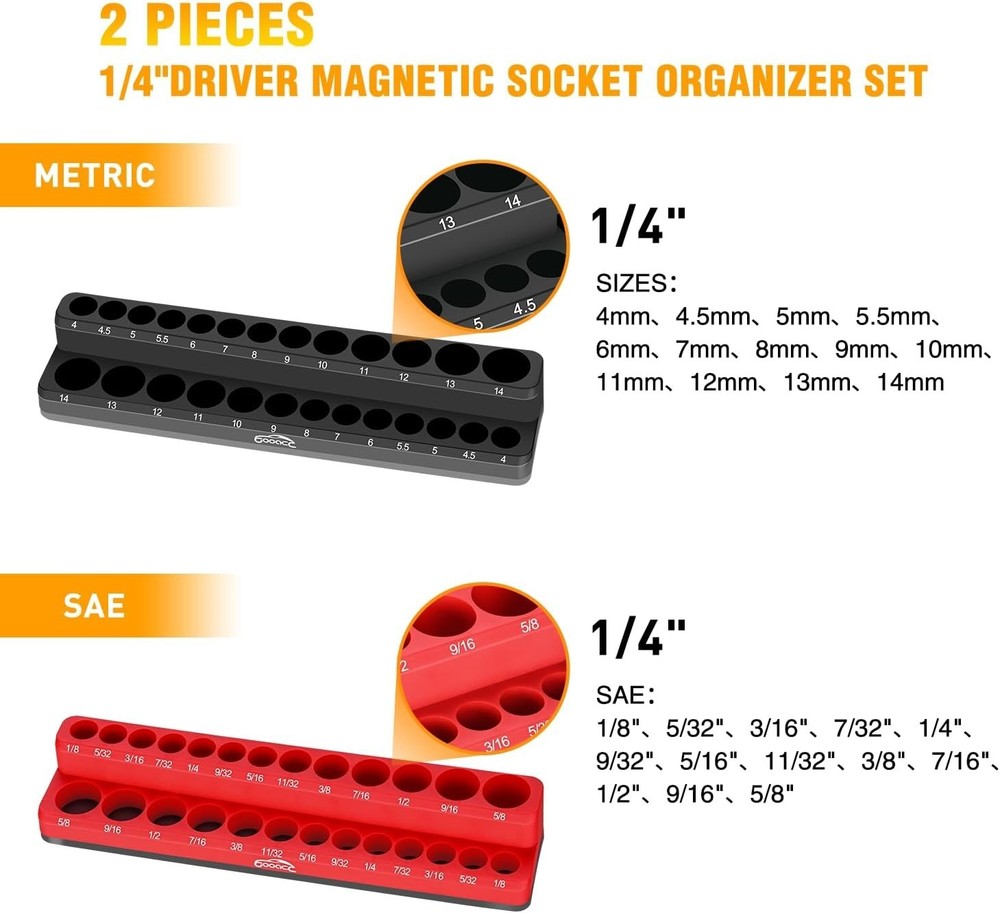 1/4" Magnetic Socket Organizer, 2 Pieces Socket Holder Metric SAE Socket Tray...