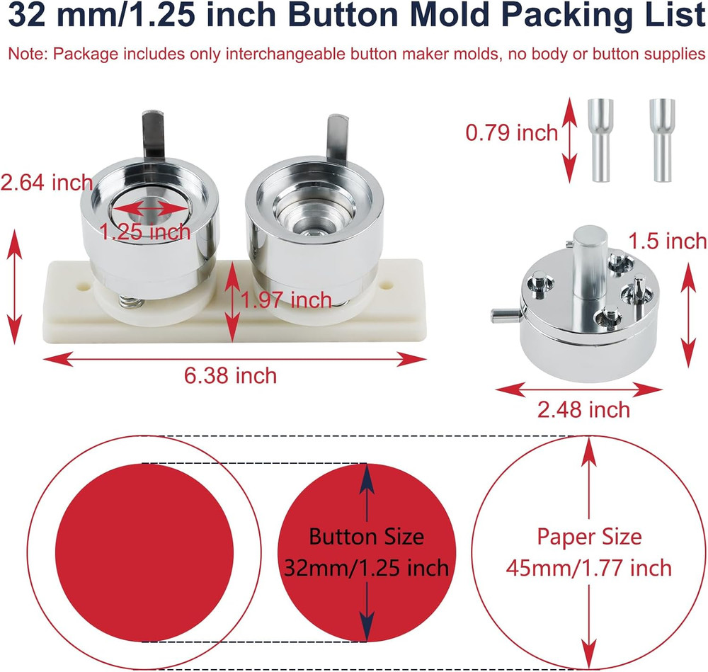 Button Maker Mold 32Mm/1.25 Inch, Replaceable Metal Mold for Button Maker Machin