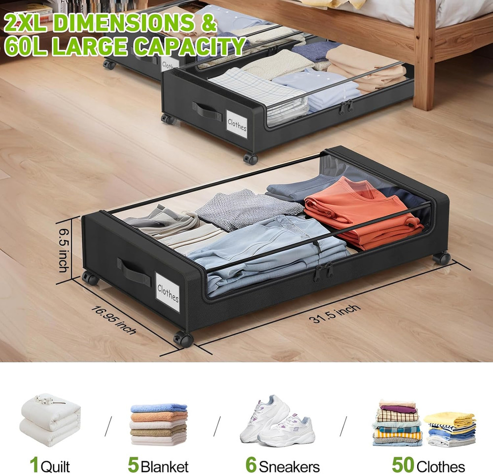 Beborxue under Bed Storage with Wheels, 4-Pack Underbed Storage Containers with