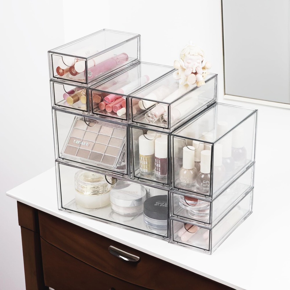 Acrylic Makeup Organizer, 10 Drawers Clear Storage Organizer Desktop Stackabl...