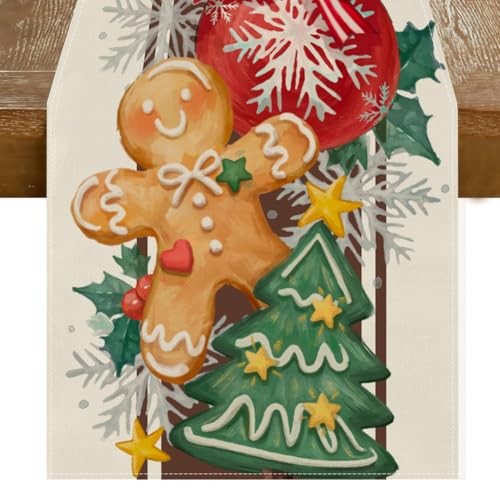 Merry Christmas Table Runner, Gingerbread 13" x 72", Table Runner Multi Color