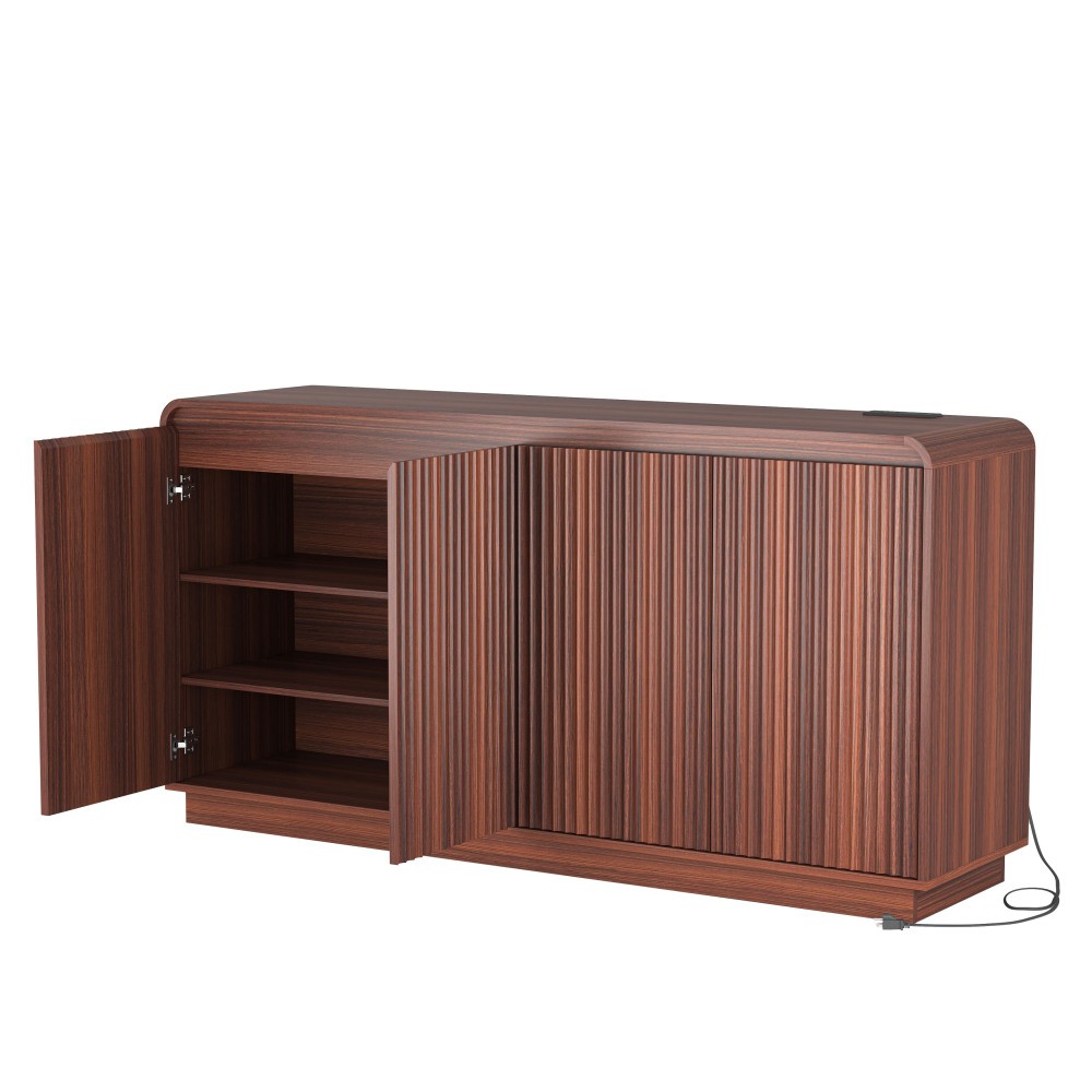 Walnut TV Stand with Power Outlet, Adjustable Storage, Fluted Handleless