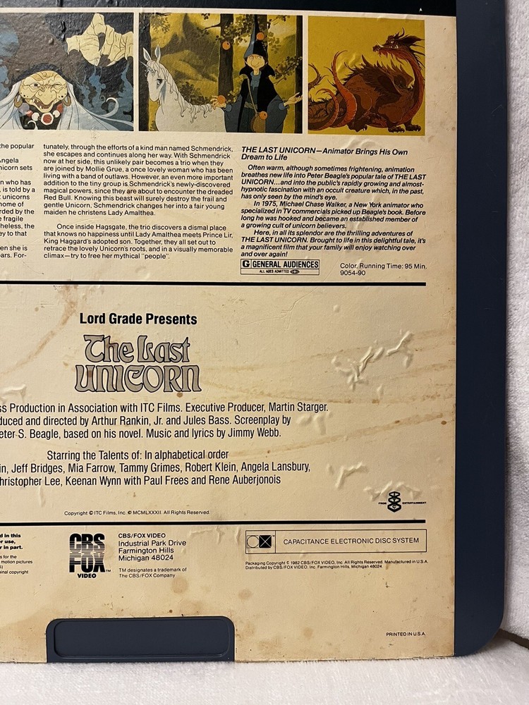 The Last Unicorn CBS FOX Capitance Electronic Disc System 1982 Untested