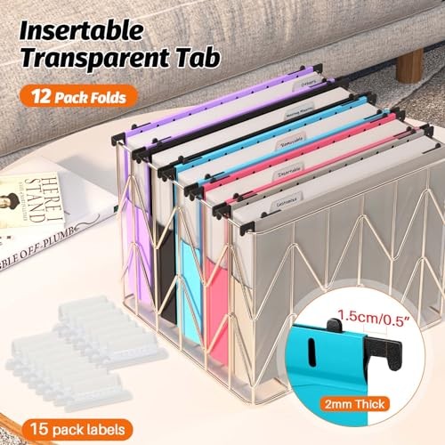 Extra Capacity Plastic Hanging File Folders,12 Pack Reinforced Assorted Colors