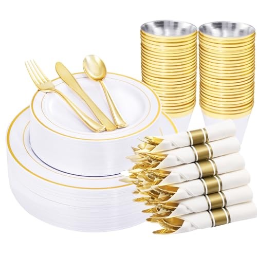 210 Piece Plastic Dinnerware Set, Include: 30 Dinner Gold 210PCS（30 Guests）