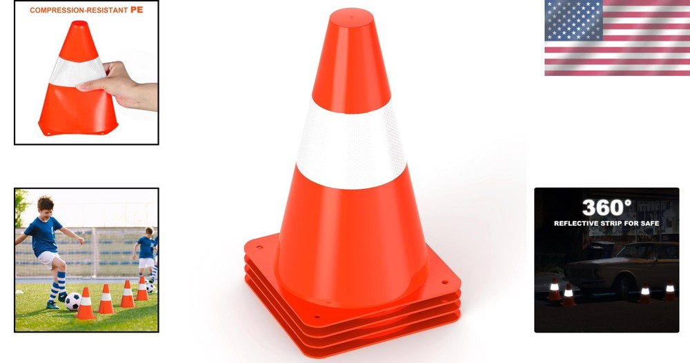 Durable 9-Inch Stackable Traffic Cones with Reflective Strips - 4 Pack Orange