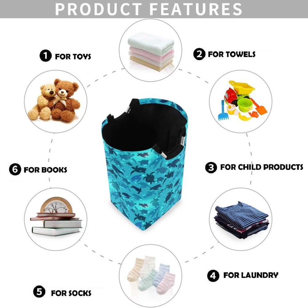Turtle Swims in The Ocean Large Laundry Hamper with Handle Foldable Durable C...