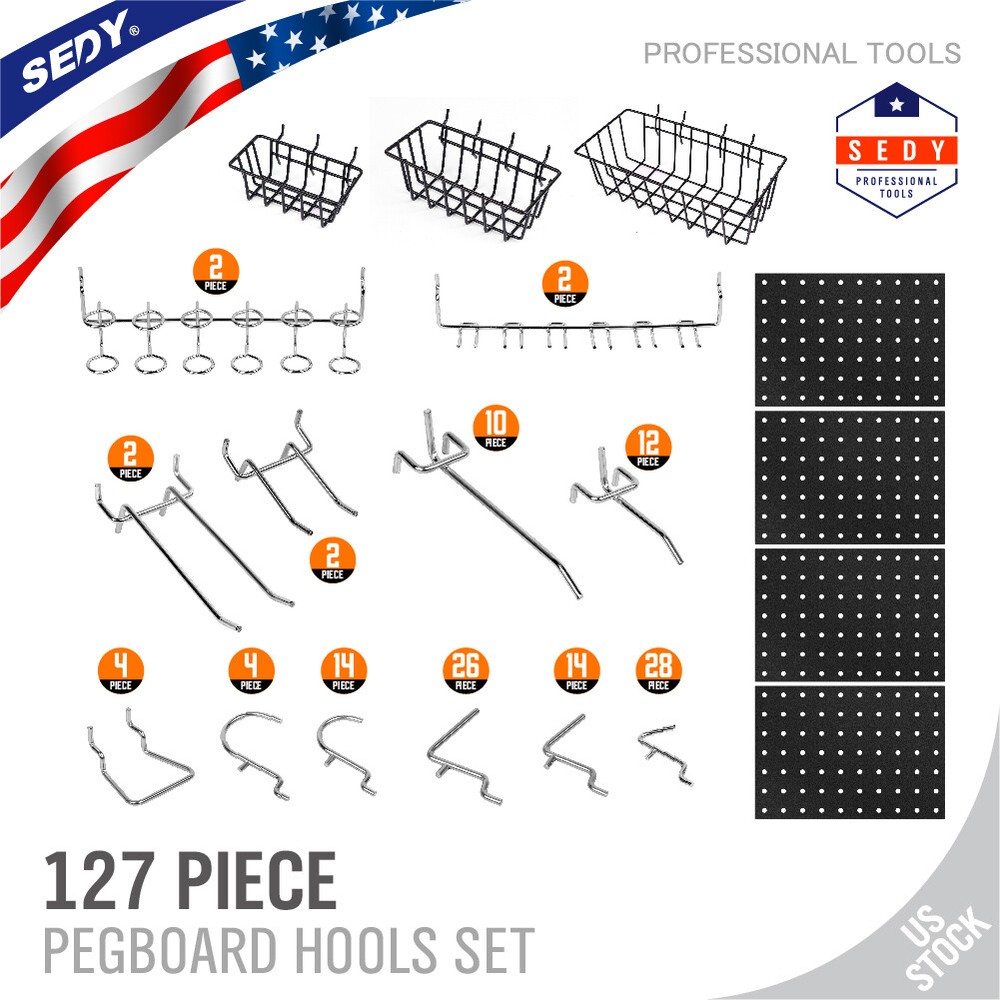 127 Pcs Pegboard Hooks Assortment (3 Baskets 4 pegboard) Organizing Tools