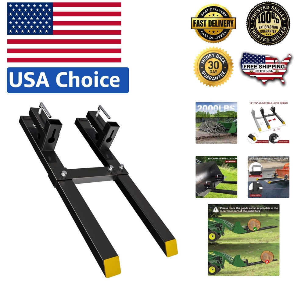 Sturdy 43" 2000lbs Pallet Forks with Adjustable Stabilizer for Tractor Loaders
