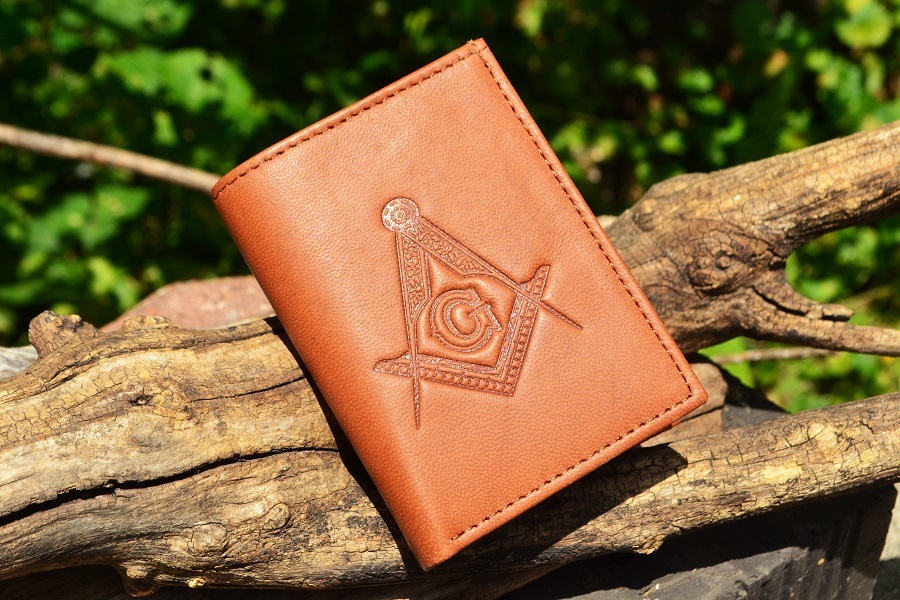 Masonic Tan Leather Tri-Fold Wallet - RFID Protected - Square and Compasses