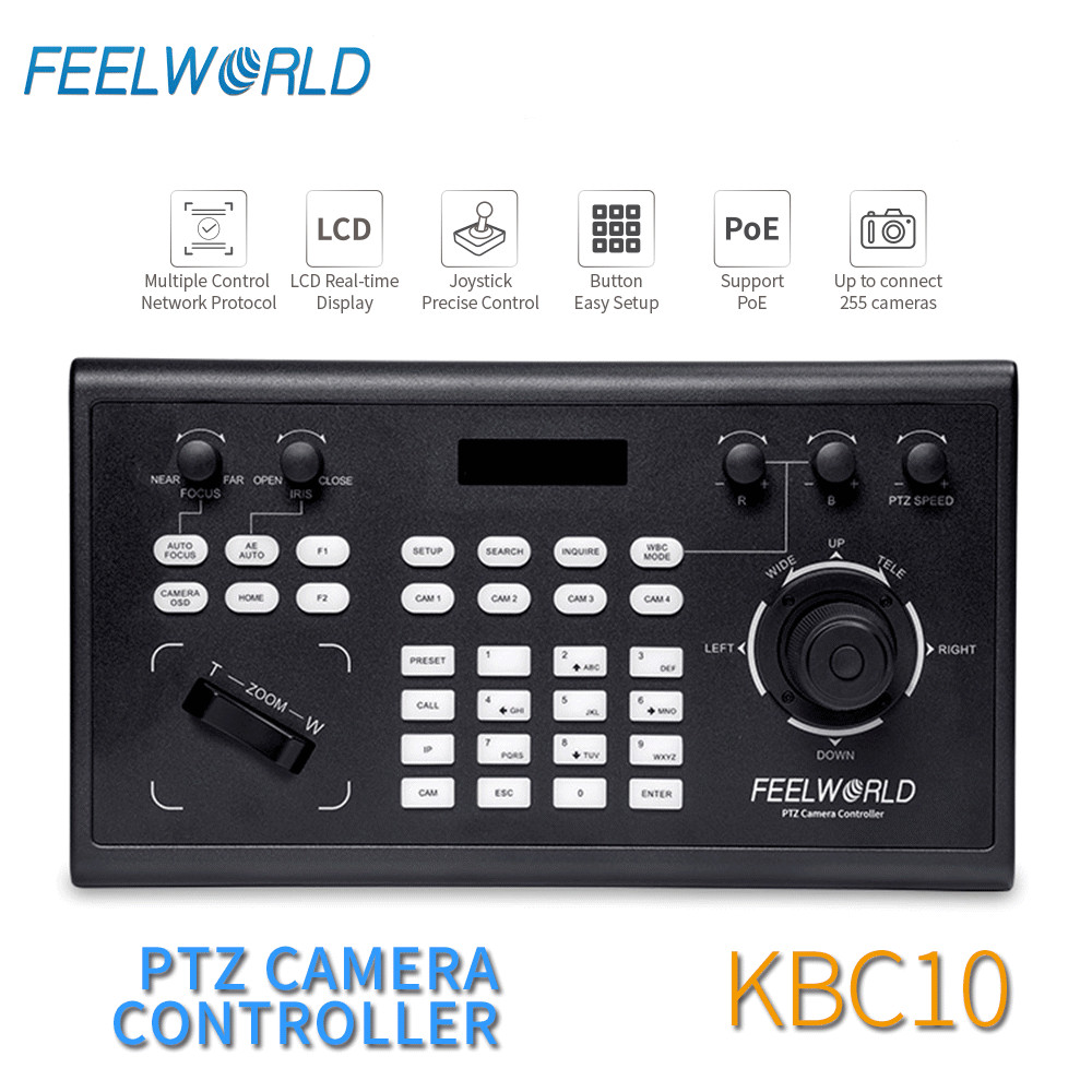 FEELWORLD KBC10 PTZ Camera Controller Joystick & Keyboard Control LCD Screen PoE