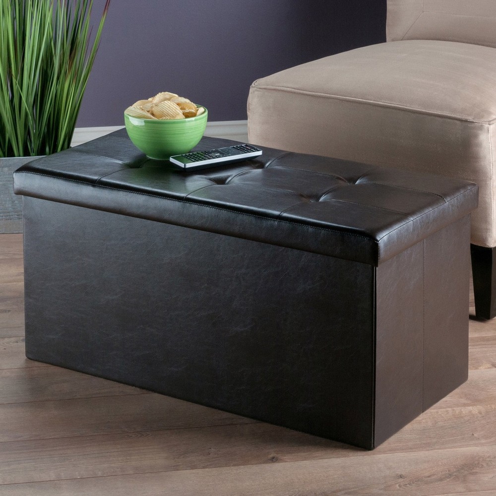 Wood Ashford Rectangular Storage Ottoman Black Faux Leather