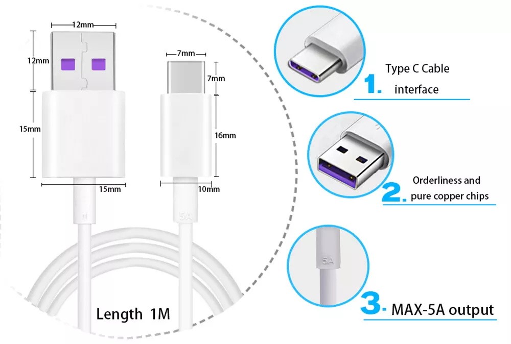 Universal USB Type-C Fast Charging Cable for Samsung Galaxy /Android Phone White