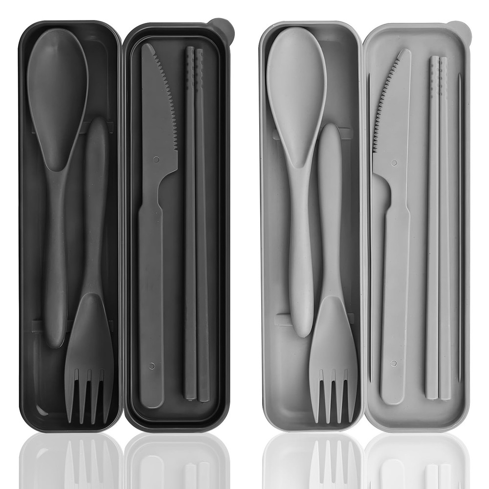2 Sets Plastic Reusable Utensils Set with Case, Travel Chopsticks Fork Spoon ...