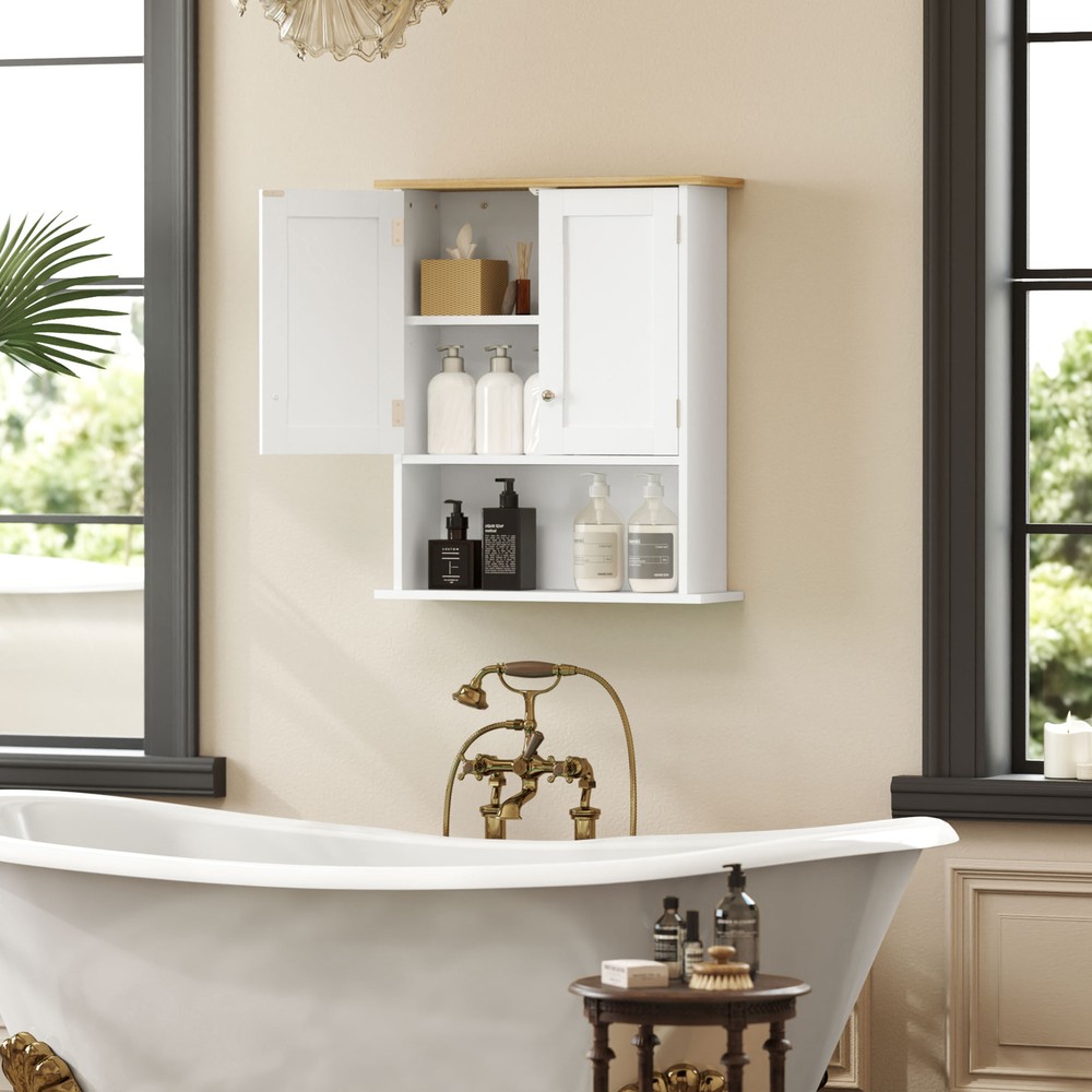 HOMCOM Modern Bathroom Wall Cabinet with 2 Doors, Adjustable Shelf, White