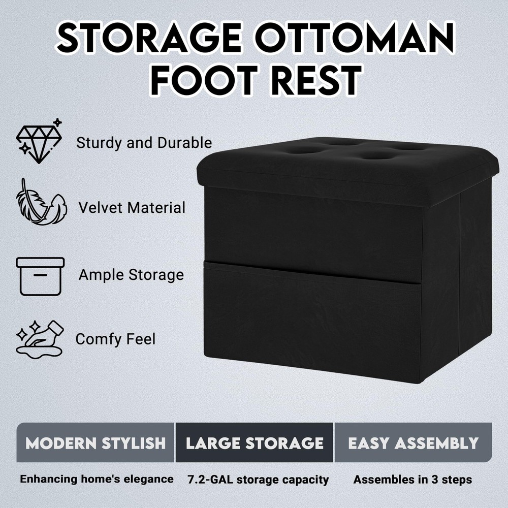 Multi Use Storage Ottoman, Velvet Foot Rest, Foldable Design, Compact, Black