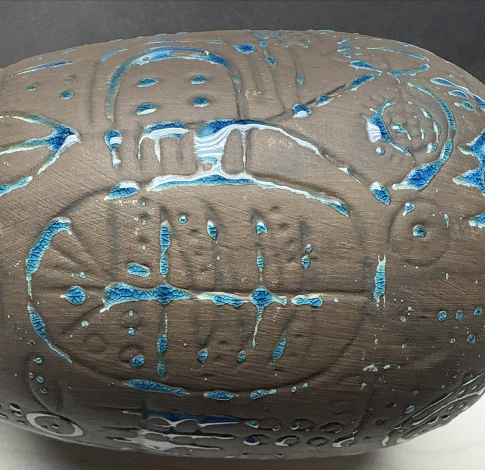 Contemporary Ashluxe Handmade Ceramic Table Vase Script Blue Brown Crackle As Is