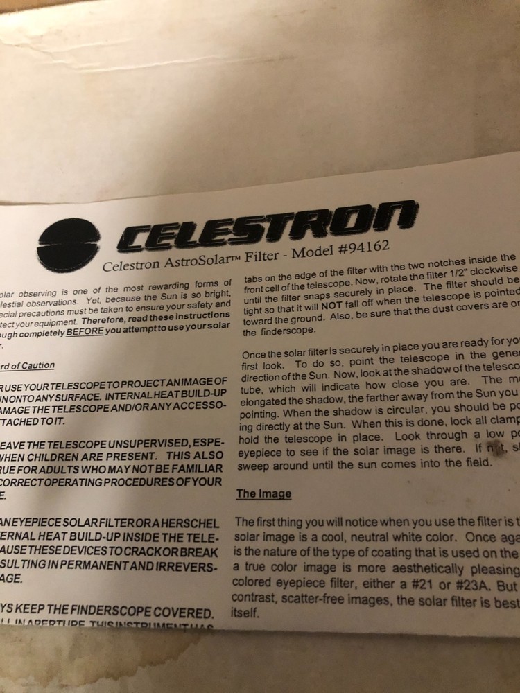 CELESTRON ASTROSOLAR SOLAR 8" FILTER MODEL 94162