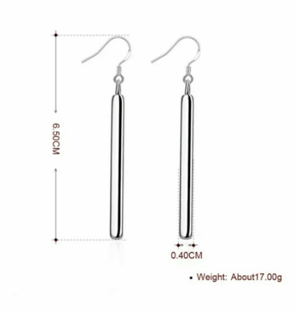 Silver Plated Vertical Solid Bar Drop Dangle Hook Earrings