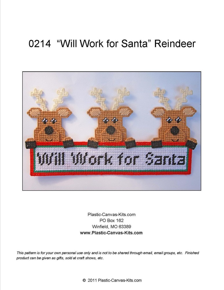 "Will Work For Santa" Reindeer-Christmas--Plastic Canvas Pattern or Kit