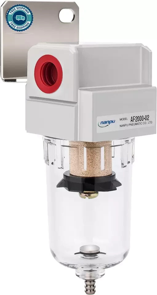 1/4" NPT Compressed Air Line Filter, 5 Micron Brass Element, Bracket, Poly Bowl,