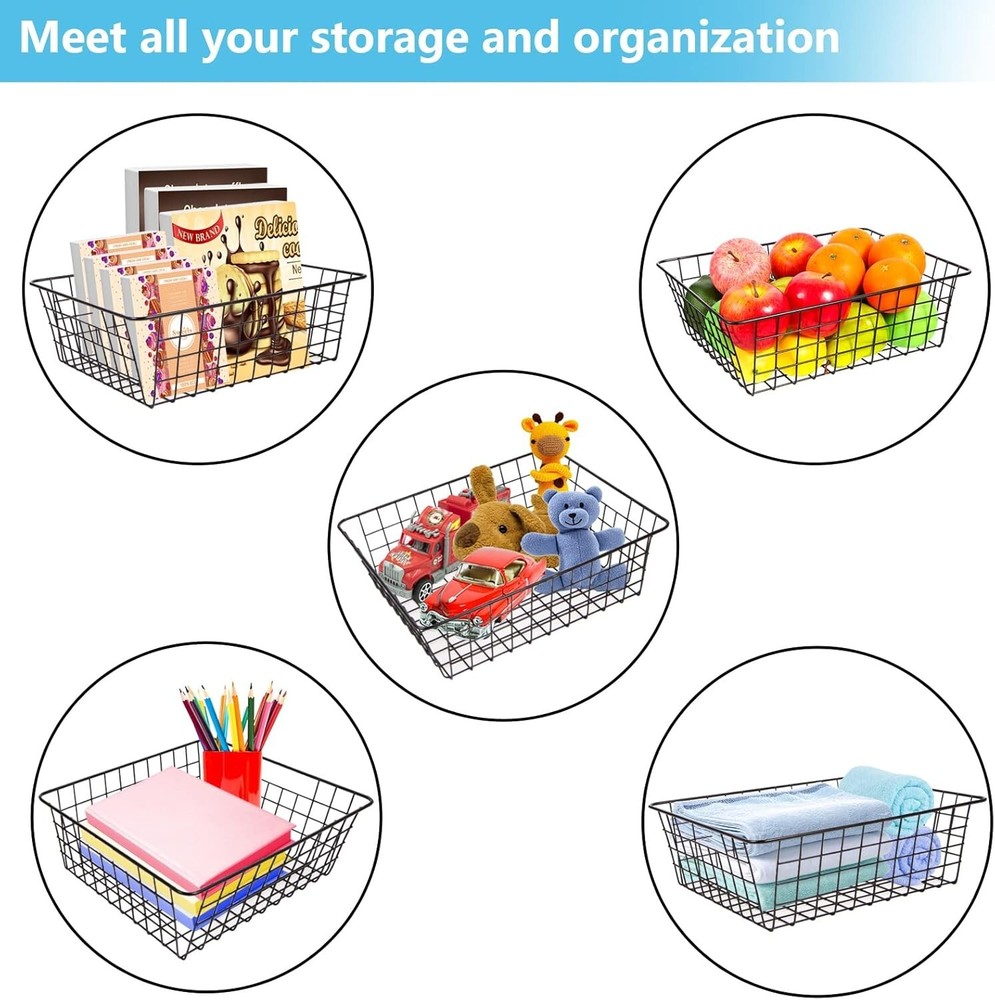 4 Pack Black Wire Baskets - Pantry Storage & Organization Solution