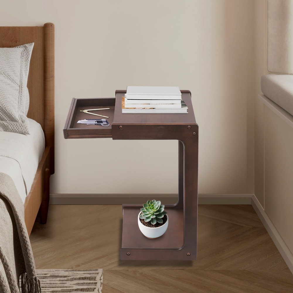 2-tierd Solid Wood Bedside C-shaped Side Table W/ Drawer & Lockable Wheels