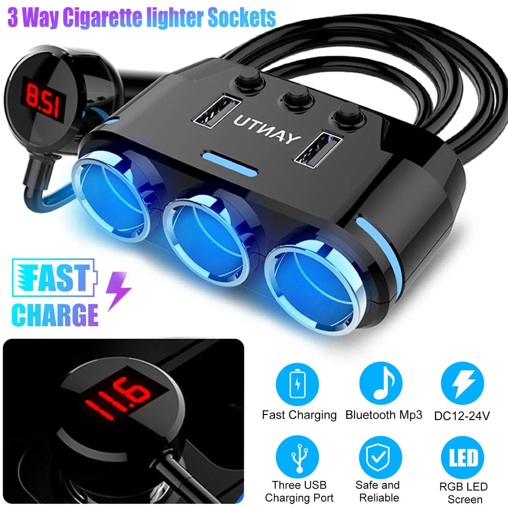 3 Way Multi Car Cigarette Lighter Socket Extension Splitter USB Charger DC 12V