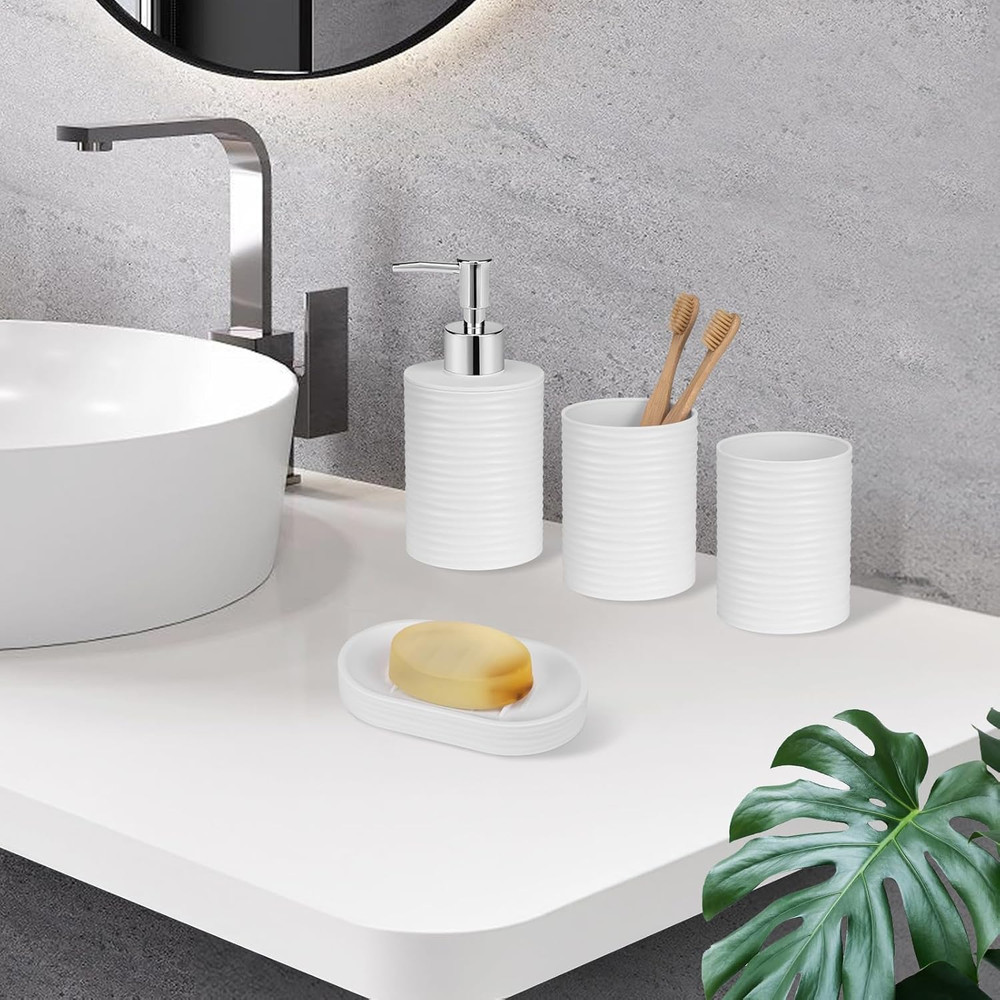 Plastic Bathroom Accessories Set 4Pcs, White Bathroom Accessory Set Includes Liq