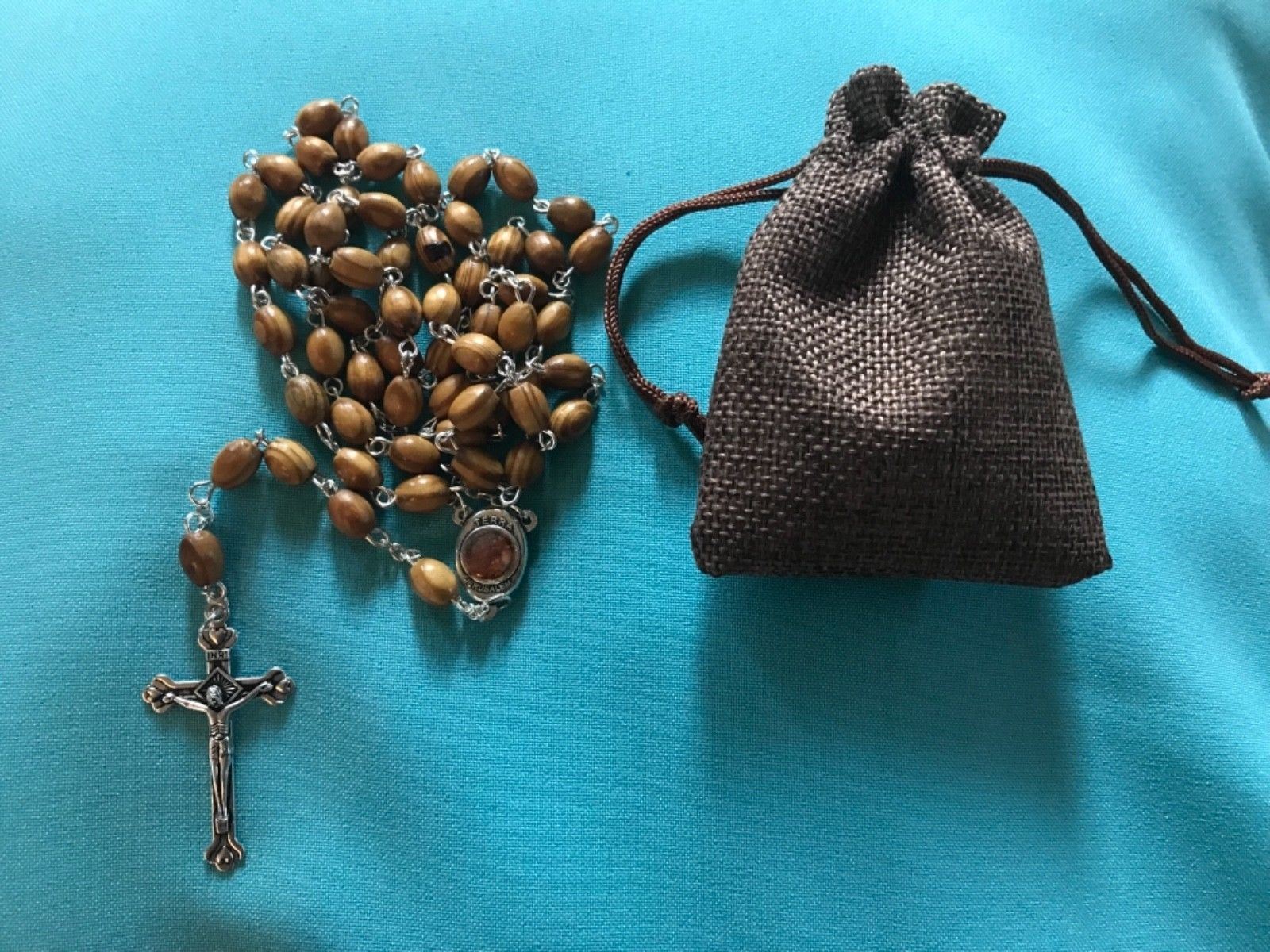 CATHOLIC ROSARY Olive Wood Necklace+pouch Handmade in JERUSALEM ~ FAST US SELLER