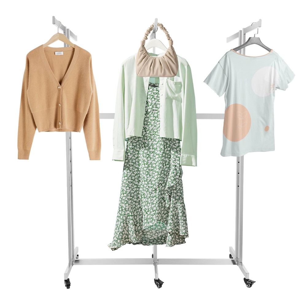 Adjustable Height 6-Arm Silver Garment Display Rack with Wheels