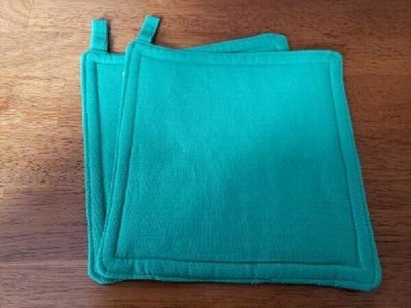 Potholders, handmade, solid green, set of 2